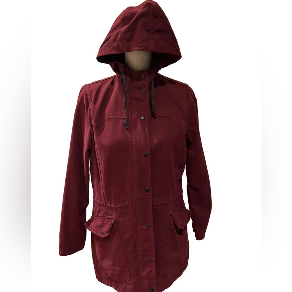 Betabrand Womens Red Full Zip Field Twill Parka Jacket Size Medium Hooded Pocket
